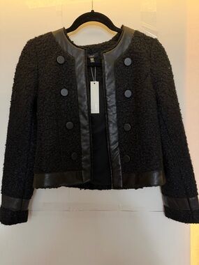 DREW Black Bouclé and Faux Leather Trim Jacket